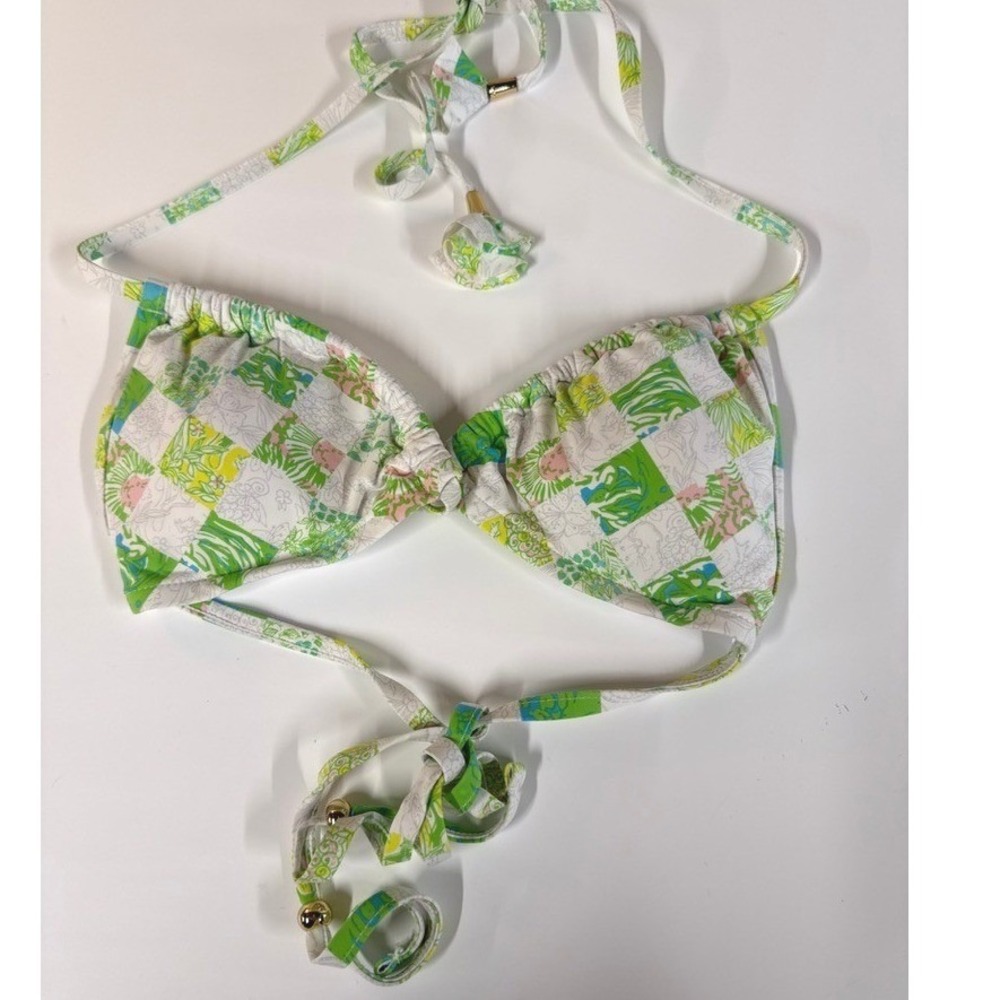 Lilly Pulitzer Lioness Patchwork Bikini Top Green White Floral Halter XS